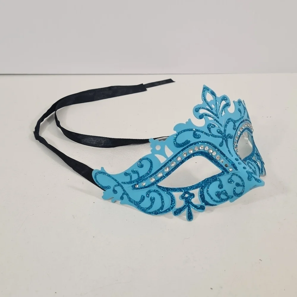 Venetian Masquerade Mardi Gras Halloween Eye Mask Blue with Glitter & Crystals